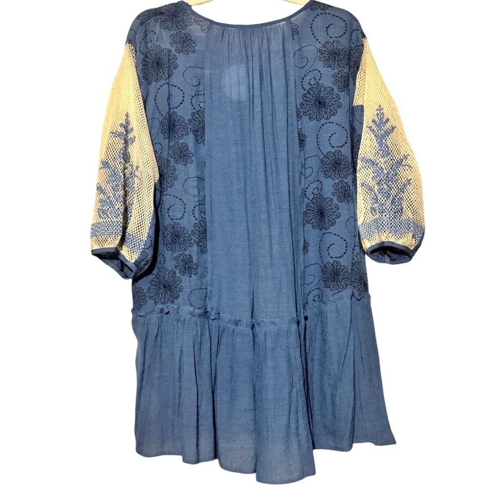 Umgee USA NWT Blue Embroidered Floral Tunic Dress Crochet Sleeves Boho Size M